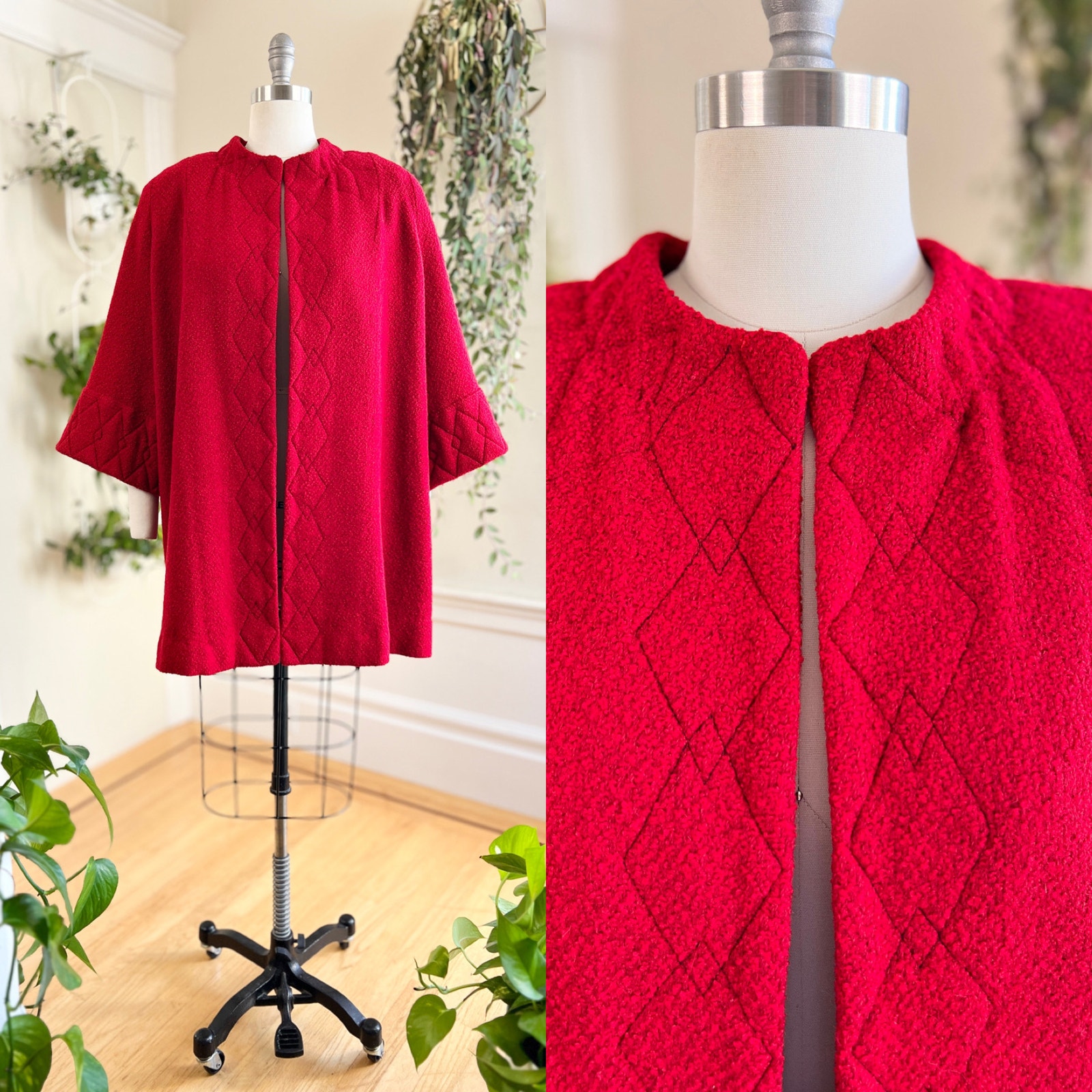 Vintage 1940s Swing Coat 40s Red Wool Top Stitch Jacket Volup Retro Mid Century